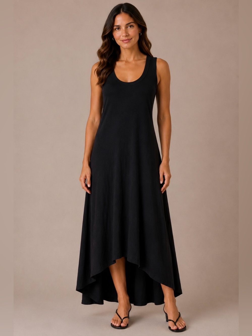 KAREN KANE Sz Large Black Sleeveless High Low Dress Lined Cotton Jersey EUC